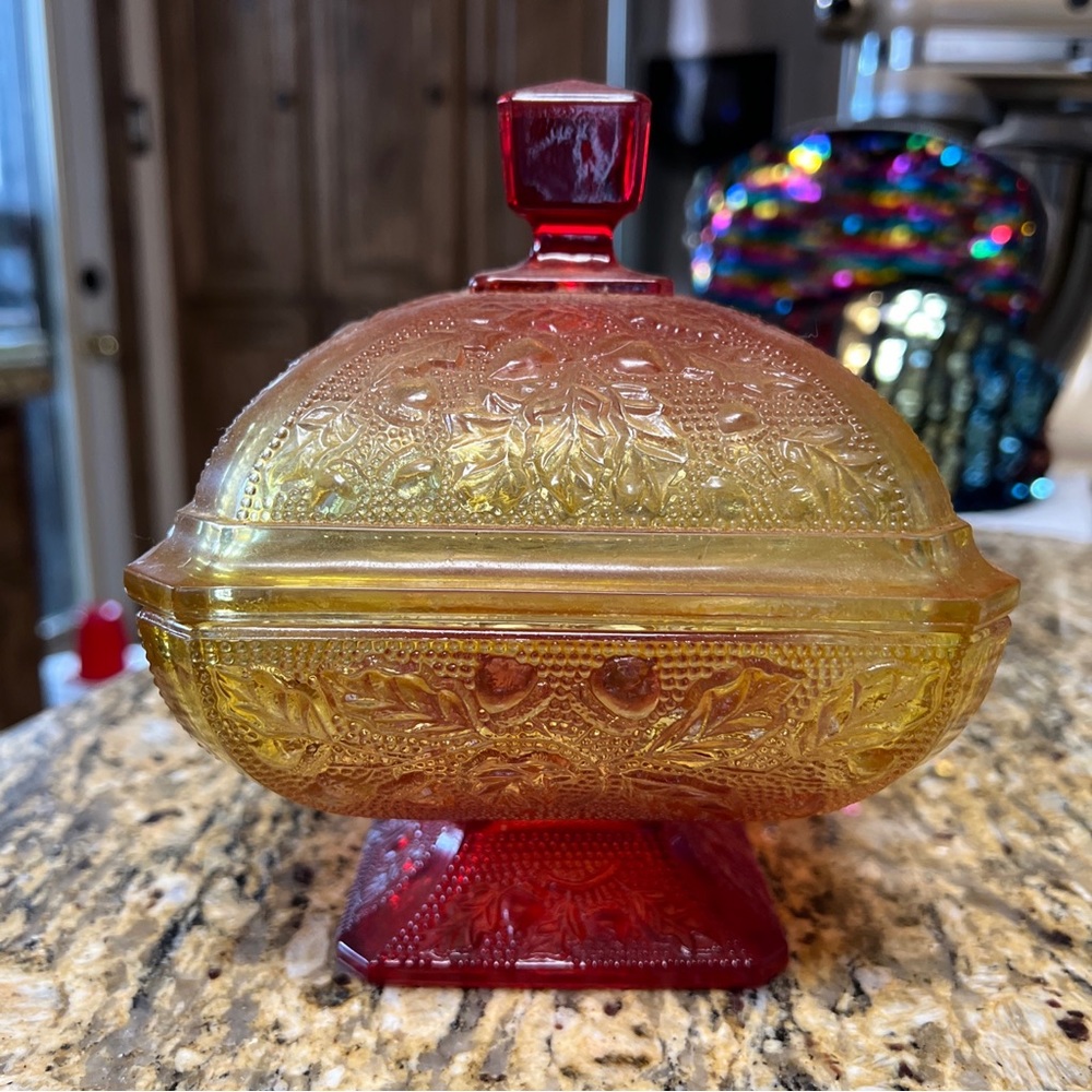 Vintage Jeannette Goofus Glass Lidded Candy Dish Amberina Acorns Oak Pattern